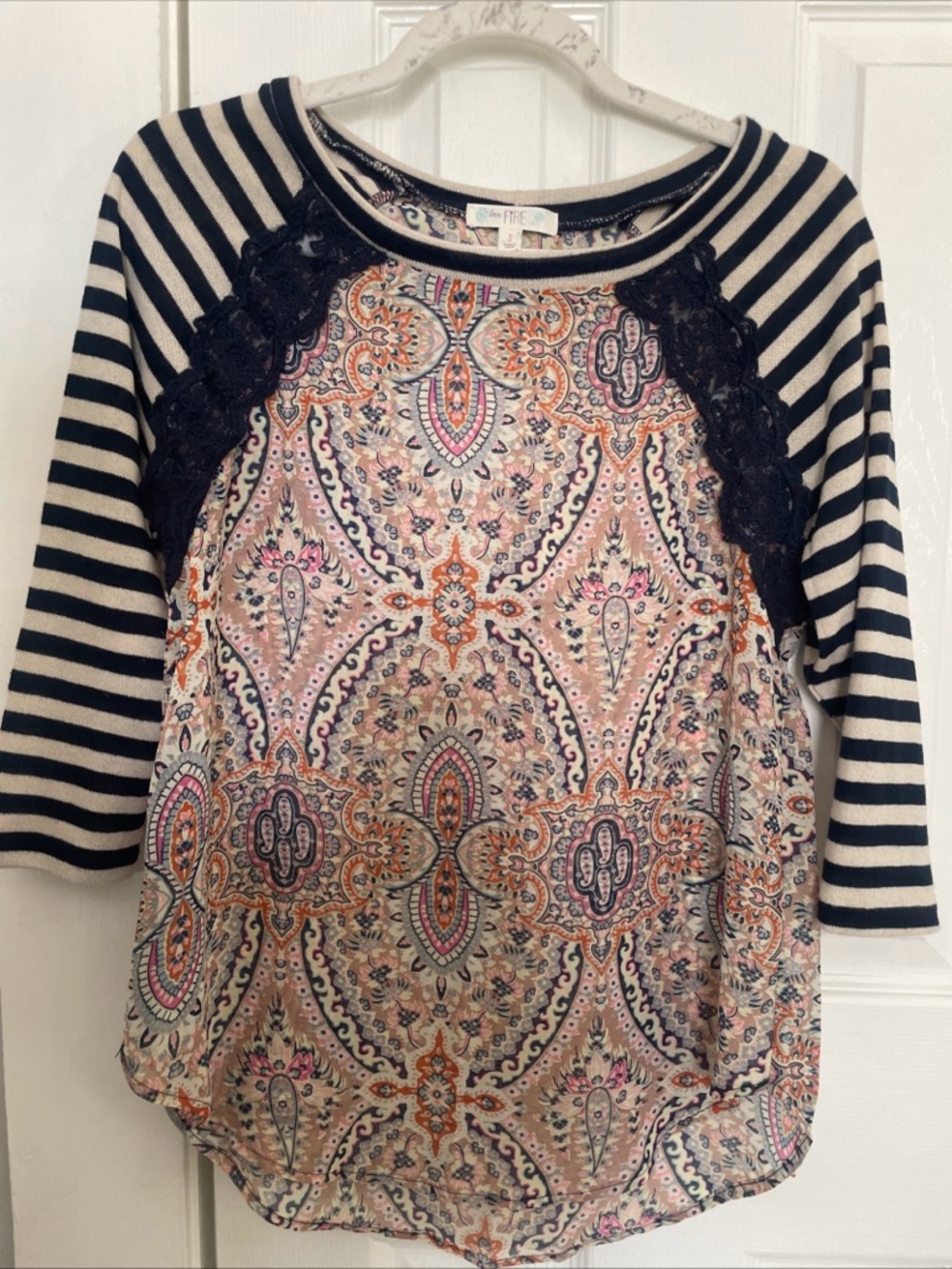 love, Fire Pink Paisley Raglan Top with Navy Stripes